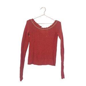 Free people scoop neck open knit coral sweater with tie at neck jewled collar